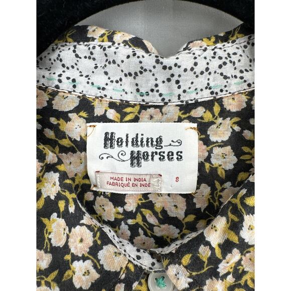 Holding Horses Anthropologie Top Womens 8 Black Floral Yellow Button Boho Garden - Picture 2 of 8